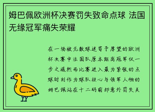 姆巴佩欧洲杯决赛罚失致命点球 法国无缘冠军痛失荣耀 姆巴佩欧洲杯决赛罚失致命点球 法国无缘冠军痛失荣耀